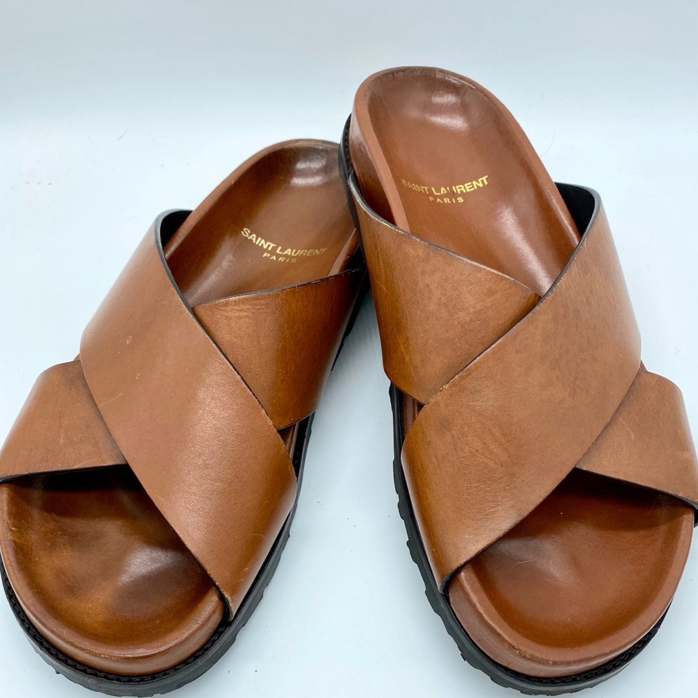 Saint Laurent Tan Leather Jimmy Cross Strap Slides 7.5-run large